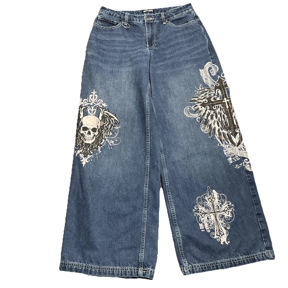 Hot Topic Jeans Girls 5 Blue Denim Skull Gothic Cross Cotton Stretch Wide Leg